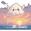 Fluffy cloud creature with feathered wings and rosy cheeks, floating above a tranquil ocean sunset with pastel sky and stardust trails.