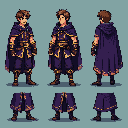 Young man in dark purple hooded cloak and tunic with gold trim, in a fighting stance, facing right.