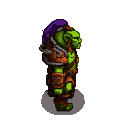 Green-skinned orc in brown leather armor and a purple hood, facing east from a top-down view.