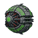 Menacing, spherical robot with segmented grey plating, glowing green circuitry, exposed red conduits, and a central green energy source.