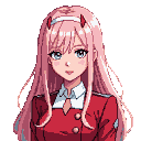 Young woman with long pink hair, white headband, and red horns, chest up, facing forward with a neutral expression and blue eyes against a black background.