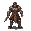 A warrior in weathered, metallic armor with a stern expression and a thick beard, holding a large axe.