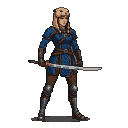 Stoic female warrior in blue tunic and leather armor, holding a longsword defensively, wearing a light-brown beaver hat.