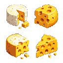 Four cheese pieces: two whole wheels (one textured rind, one Swiss-style with holes) and two cut portions of Swiss-style cheese, arranged in a 2x2 grid on a black background.