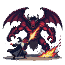 A wizard in dark robes with a white collar confronts a colossal, fiery demon with leathery wings. The wizard's staff shoots a beam of light, clashing with the demon's infernal energy. Flames erupt around the demon's feet.