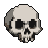Stylized beige and grey skull with black eye sockets and nasal cavity.