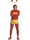 Pixelated character in a red suit and yellow shorts, arms crossed, with antennae topped by spheres, against a black background.