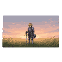 Pixel Art: A peaceful lofi-style illustration of a lone knight standing...