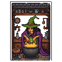 Pixel Art: witch cooking in big pot
