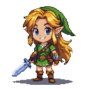 Chibi Link in green tunic and cap, holding a sword, with blue eyes and a joyful smile.