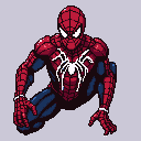 Spider-Man in a dynamic crouching pose, red and blue suit with white chest emblem, white-lensed eyes.