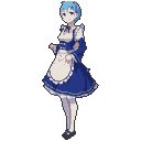 Pixel Art: Rem from Re:Zero, standing in a beautiful fantasy setting, w...