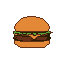 A pixelated hamburger with a toasted orange bun, dark brown patty, green lettuce, and melted cheese on a black background.