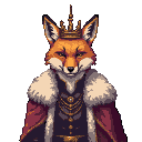 Regal fox wearing a golden crown, fur-trimmed cape, and ornate waistcoat with golden chains.