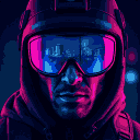 Special forces police officer in helmet and neon blue visor goggles, with reflective lenses showing a glowing neon cityscape.