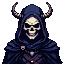 A skeletal figure with indigo robes and menacing horns stares forward with a vacant gaze.