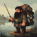 Pixel Art: A dwarf fisherman and merchant standing by a lakeside, holdi...