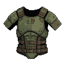 Rugged, olive-drab body armor with segmented plates and reinforced straps.