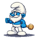 Papa Smurf with a golden mallet in his right hand, blue skin, white hat and beard.