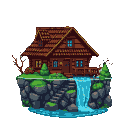 Rustic log cabin on a rocky outcrop beside a blue waterfall, surrounded by moss and evergreen trees.