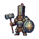 Pixel Art: dwarf paladin with hammer and shield and very tall helmet