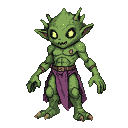 A small, muscular green alien with large yellow eyes, pointed ears, and small horns, wearing a purple loincloth.