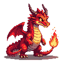 A stylized red dragon with fiery wings and a flickering tail flame stands on dark ground.