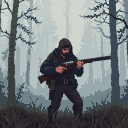 A hooded figure holding a shotgun walks through a foggy, gray-blue forest.