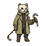 Pixel Art: 戴着圆形猫咪头套，身穿着卡其色风衣，风衣敞开，手中拿着撬棍作为武器，