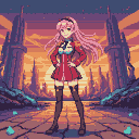 Young woman with flowing pink hair in a red outfit, hands on hips, standing against a dramatic alien landscape with jagged structures under a setting sun.