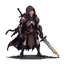 Cloaked skeletal warrior with a glowing rusty sword, red eye glow, and tattered armor.