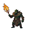 Green-skinned orc shaman with tribal furs and bone ornaments, holding a staff with a flickering flame.