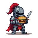 Knight in pixelated armor holding a hamburger, with a sword in the other hand.