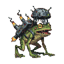 Mutant frog with mottled skin, mouth agape revealing sharp teeth, bulging yellow eyes, a metallic grey jetpack with orange thrusters on its back, and a dark grey cybernetic brain-hat with red accents on its head.