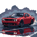 Pixel Art: pixel art wallpaper: Dodge Challenger Hellcat Redeye muscle car facing 3/4 to the left, aggressive stance, widebody shape, detailed front fascia and hood scoop visible, headlights on with bright white glow, smoke clouds billowing from rear tires, dark moody atmosphere, crisp pixel lines, subtle shading to emphasize contours and reflections, limited color palette for realism, centered composition, transparent or dark background for iPhone wallpaper. CLEAR BACKGROUND (generated with AI by PixelMan).