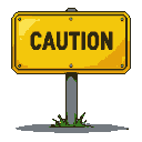 Yellow rectangular caution sign on a gray post in rough outdoor ground.