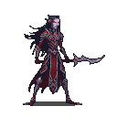 Blood Elf warrior in crimson and obsidian armor, wielding an ornate blade, with long dark hair and piercing crimson eyes.