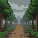 A dirt path leads through a dark forest toward a misty, abandoned castle.