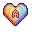 Heart with yellow-orange gradient on left, blue-purple gradient on right, with a dark reddish-purple letter "A" in the center.