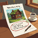 Real estate listing for a moss-roofed cabin in a village, circled in red pen, with a steaming cup of coffee and a pen on a kitchen table.