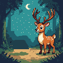 A deer with large eyes and antlers stands in a forest clearing under a crescent moon and starry sky.