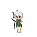 Youthful adventurer with white hair, holding a staff with a green gem, wearing a forest-green tunic and brown sash.
