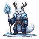 Regal white creature with antlers, wearing blue robes and silver armor, holding an ice-topped staff.