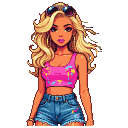 Pixel art portrait of a young woman with blonde hair, wearing a pink palm tree crop top and denim shorts, with sunglasses on her head.
