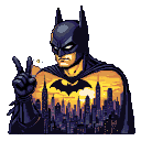 Batman with a side-eye gaze and a peace sign, against a stylized Gotham City skyline in deep blues, purples, and golden sunset hues.