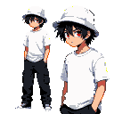 Pixel Art: animated teenager dressed in black cargo pants, a white t-shirt, and a white bucket hat, with messy black hair revealing half of his red eye (generated with AI and edited by Dixy).