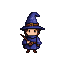 A small wizard in a blue robe and pointed hat holds a wooden wand.