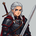 Stern warrior with silver hair, violet eyes, and black armor with red trim. A Targaryen dragon sigil is on his chest. He holds a broadsword and has another sheathed on his back.