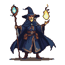 Male mage in blue robes, holding a staff with a glowing gem, conjuring a flame.