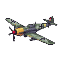 Pixel art Messerschmitt BF-109 F4 fighter plane with green and gray camouflage, yellow nose and tail, black cross insignia, and red propeller blur, in flight.